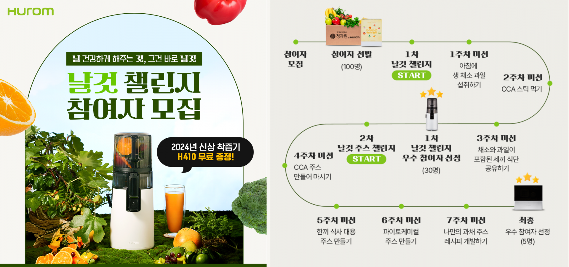 <h5>Solution</h5>
- 공식 홈페이지 내 ‘날것 챌린지’ 론칭, 신제품 및 과일채소 섭취 홍보 효과 극대화<br />
- 참가자 모집 확산을 위한 카카오〮메타 광고, 핵심 타겟 활동 커뮤니티 바이럴 집행<br />
- 캠페인 진행 의의/목적성 달성을 위한 프로그램 구성 및 브랜드 굿즈(캘린더) 제작해 참여 유도<br />
- 인터랙션 및 피드 T&amp;M 고려한 인플루언서 선정 및 전략적 바이럴 운영<br />
- 목표 달성 앱 ‘챌린저스’와 연계한 SOV 마케팅 전개로 캠페인 인지도 확산